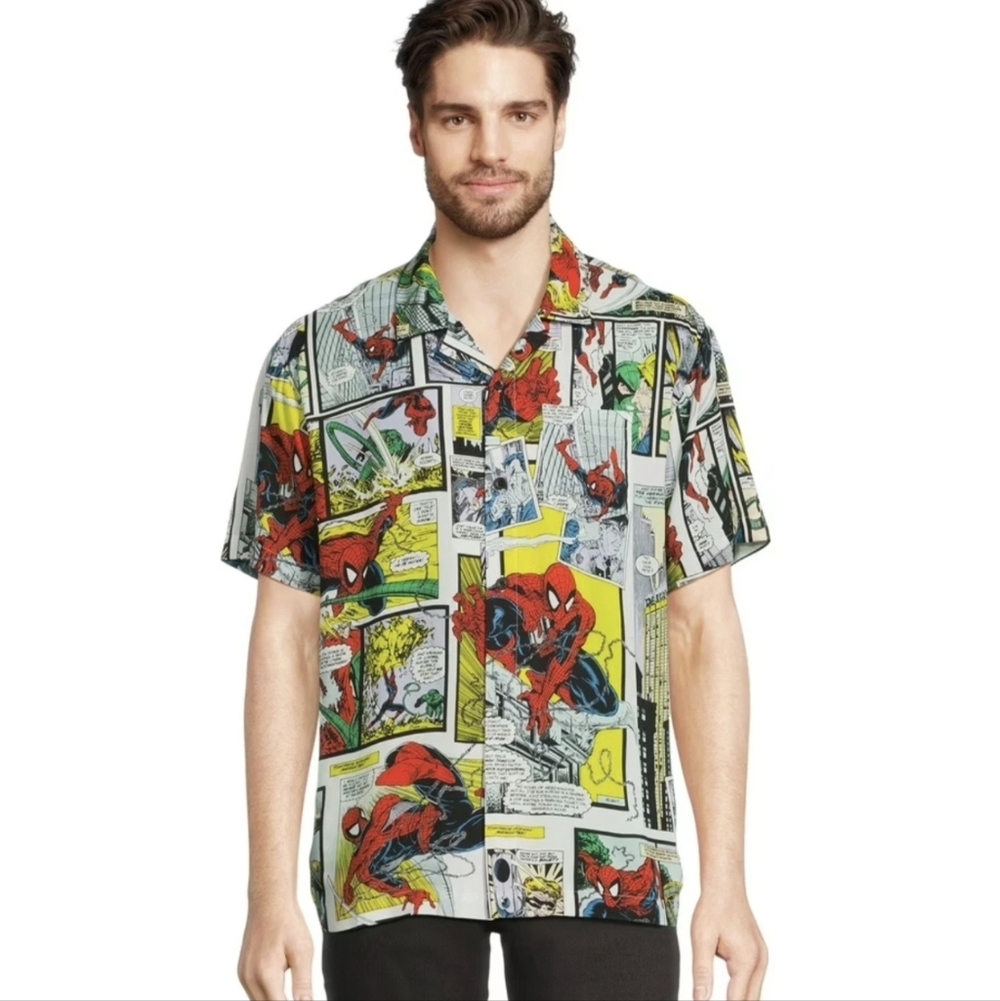 Marvel Men's Amazing Spiderman Comic Strip Hawaiian Button Up Shirt Small Comics